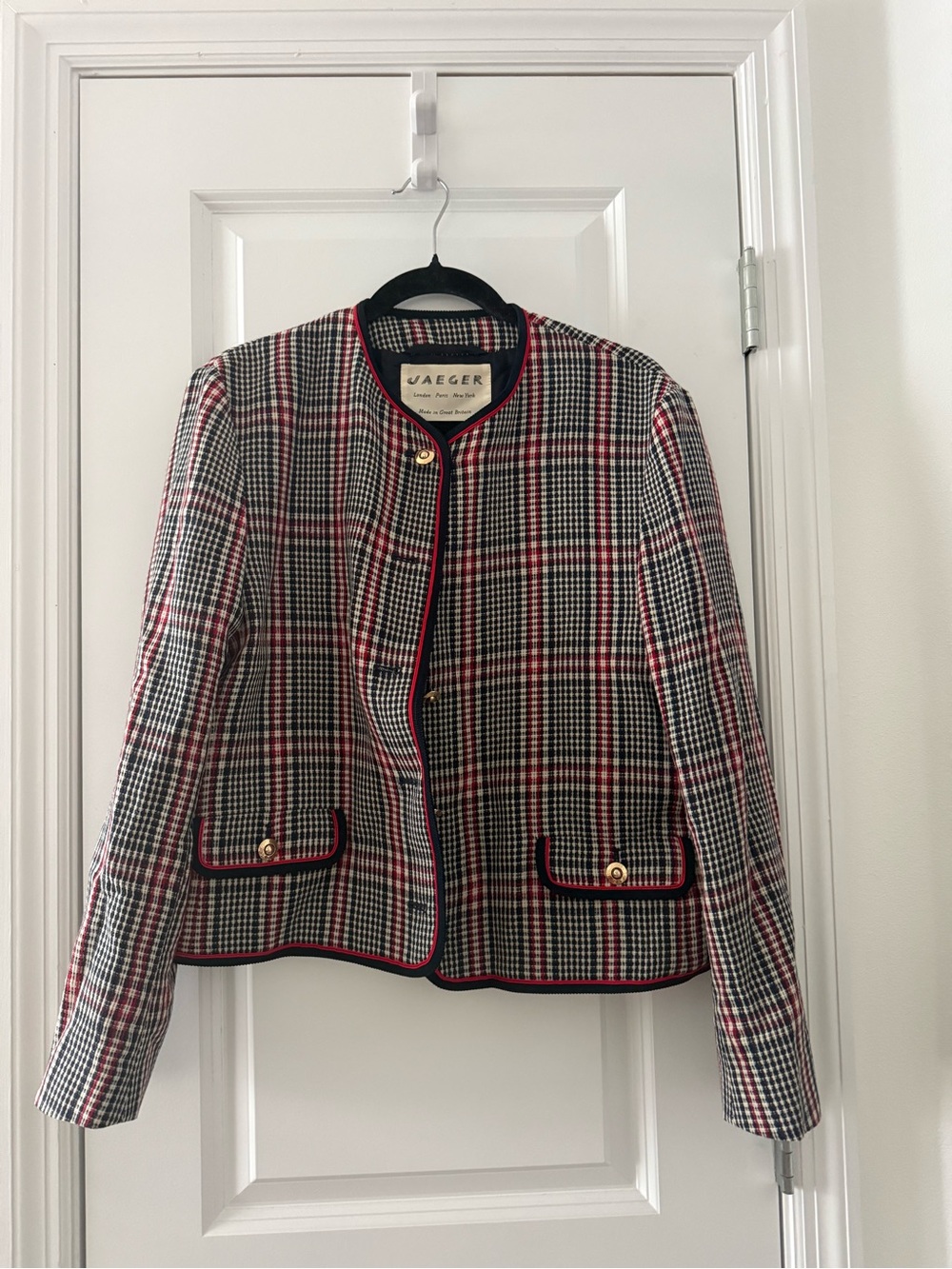 Jaeger Women's Houndstooth Plaid Blazer in Navy, White & Red